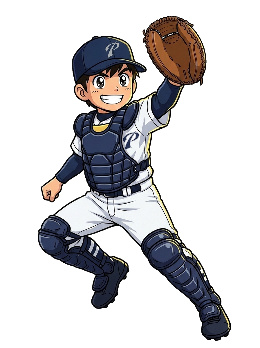 Illustrated OCP catcher leaping with mitt raised